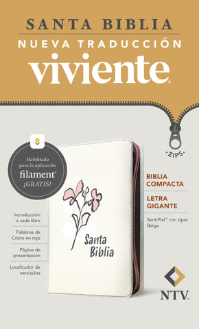 Image of Biblia NTV Compacta Letra Gigante con Filament Símil Piel Beige Letra Roja Cierre