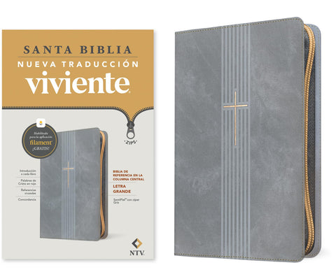 Image of Biblia NTV Referencia Central Letra Grande con Filament Símil Piel Cierre Gris Letra Roja