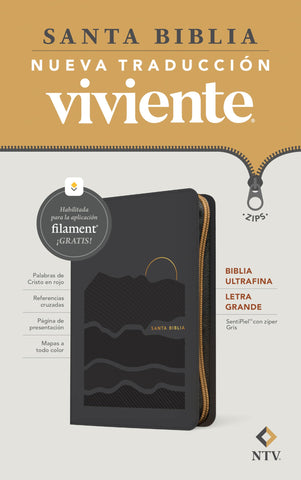 Image of Biblia NTV Ultrafina Letra Grande con Filament Símil Piel Gris Letra Roja Cierre