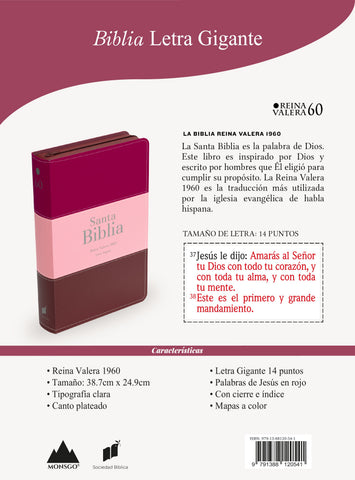 Image of Biblia RVR 1960 Letra Gigante 14 puntos Símil Piel Tricolor Fucsia Rosado Rojo Granate con Cierre e Índice