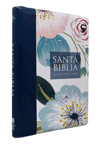 Image of Biblia RVR 1960 Letra Súper Gigante Azul Flores Símil Piel con Índice y Cierre