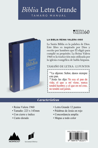 Image of Biblia RVR 1960 Letra Grande Tamaño Manual Tricolor Azul Crema Azul Marino con Cierre e Índice