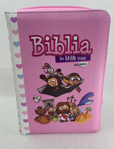 Image of Biblia RVR 1960 Mi Gran Viaje Rosa Corazones Bolsillo Cierre Índice
