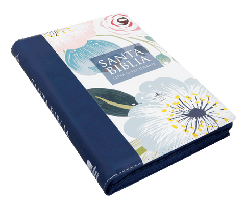 Image of Biblia RVR 1960 Letra Súper Gigante Azul Flores Símil Piel con Índice y Cierre