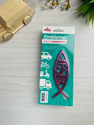 Emblema para Auto 13 cm Icthus con Jesús. Rosa