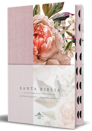 Biblia RVR 1960 Tamaño Manual Letra Gigante Tela con Flores Rosadas Canto Pintado e Índice