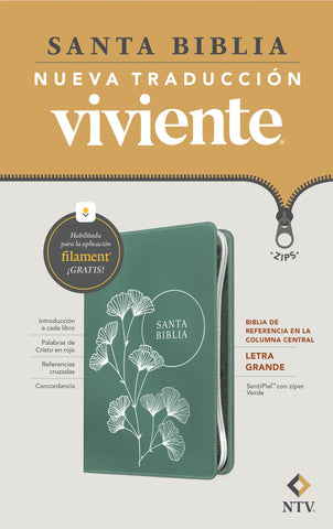 Image of BIBLIA NTV REFERENCIA CENTRAL LETRA GRANDE CON FILAMENT SIMIL PIEL CIERRE DESIGN 4 TBD VERDE INDICE LETRA ROJA