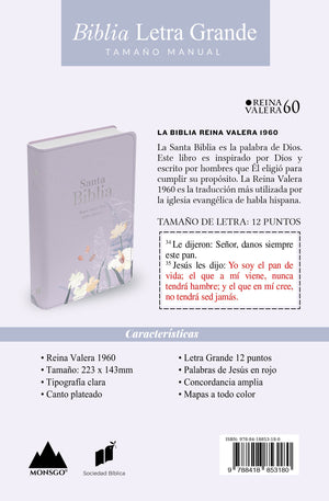 Biblia RVR 1960 Letra Grande Tamaño Manual Símil Piel Lavanda