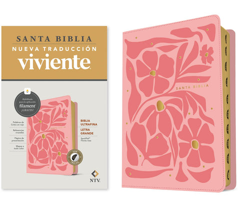 Image of Biblia NTV Ultrafina  Letra Grande con Filament Símil Piel Flores Rosa Índice Letra Roja