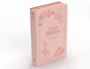Biblia RVR 1960 Letra Grande Tamaño Manual Símil Piel Flores Rosa con Cierre e Índice
