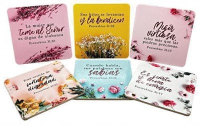 Image of Pack de 6 posavasos con versículos bíblicos. Primavera Pack de 6 posavasos en caja a todo color. Cada posavasos lleva un versículo y un diseño diferente. Tamaño de cada posavasos: 100x100 mm.