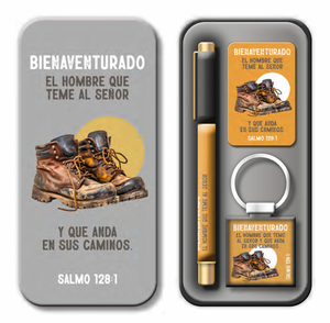 Pack Bolígrafo Llavero y Tarjeta en Caja Metálica Bienaventurado el Hombre