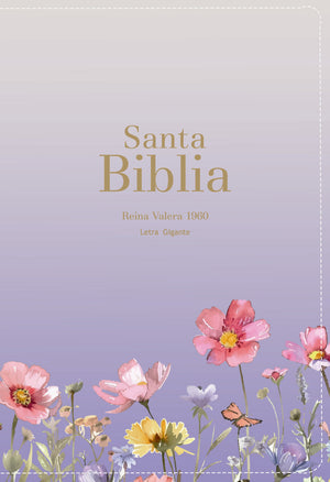 Biblia RVR 1960 Letra Gigante 14 puntos Símil Piel Lila Flores con Cierre e Índice