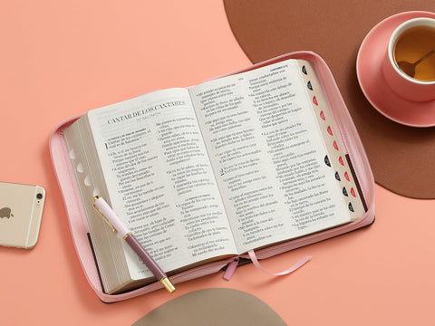 Image of BIBLIA RVR 1960 LETRA GIGANTE TRICOLOR CAFE ROSA MARIPOSAS SIMIL PIEL CON INDICE CON CIERRE