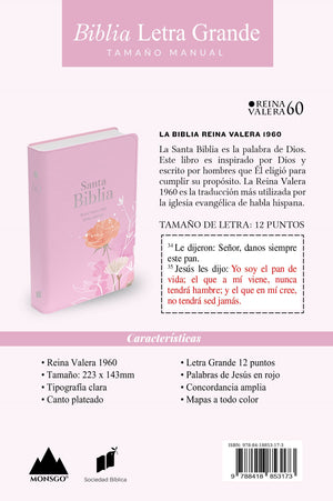 Biblia RVR 1960 Letra Grande Tamaño Manual Símil Piel Rosa