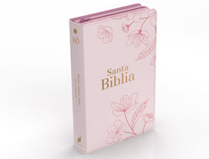 Biblia RVR 1960 Letra Grande Tamaño Manual Flores Rosa Claro con Cierre e Índice