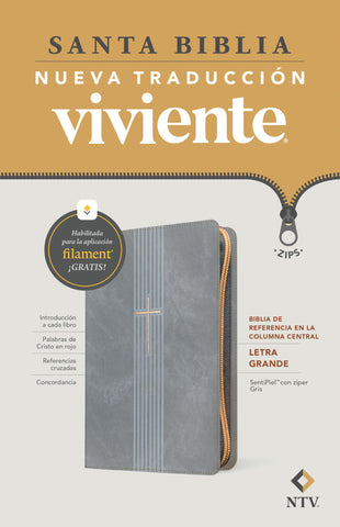 Image of Biblia NTV Referencia Central Letra Grande con Filament Símil Piel Cierre Gris Letra Roja