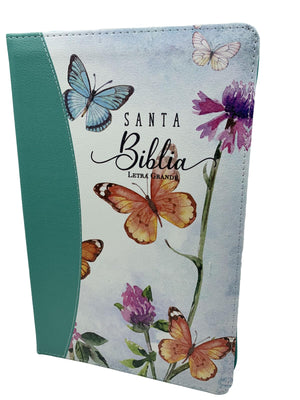 Biblia RVR 1960 Letra Grande Tamaño Manual Floral Mariposas Símil Piel con Índice y Cierre