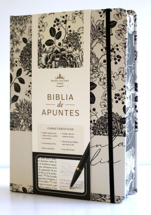 Biblia RVR 1960 de Apuntes Tapa Dura, Blanco y Negro con Flores (Edición Cantos Pintados)